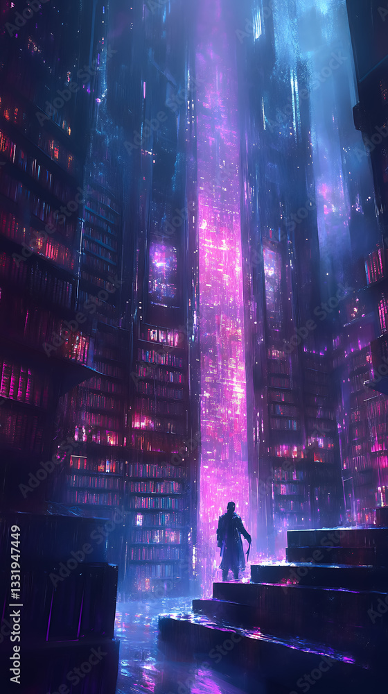 Obraz premium A futuristic cyberpunk figure stands in a rain soaked library of towering bookshelves, illuminated by vibrant neon lights