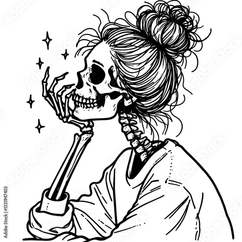 Female Skeleton messy bun vector silhouette reminiscing about past loves and laughter in a monochrome doodle.