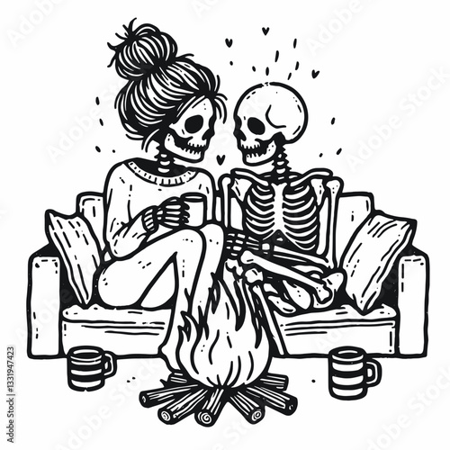Female Skeleton messy bun sharing a cozy moment by the fire; a simple monochrome vector illustration depicts warmth and quiet solitude.