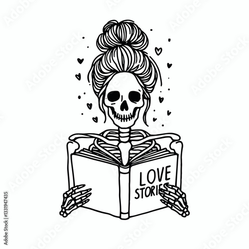 Female Skeleton messy bun reading love stories a minimalist vector outline drawing of a gothic romance.