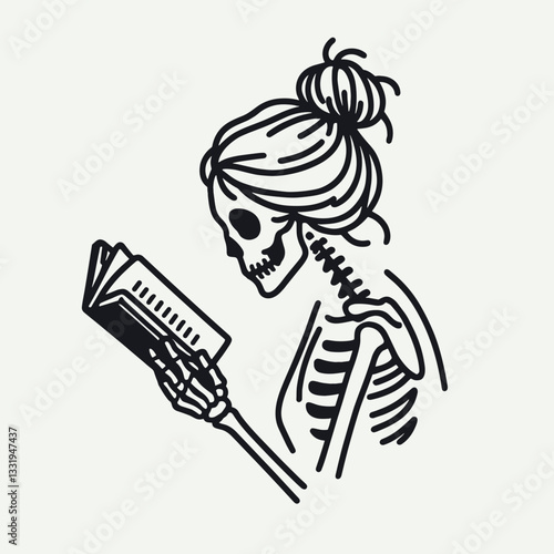 Female Skeleton messy bun reading each others favorite book a minimalist monochrome vector graphic drawing of a spooky book club.