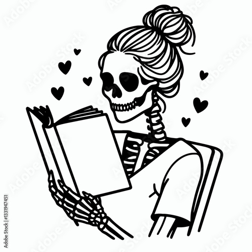 Female Skeleton messy bun reading love stories a minimalist vector outline drawing of a gothic romance.