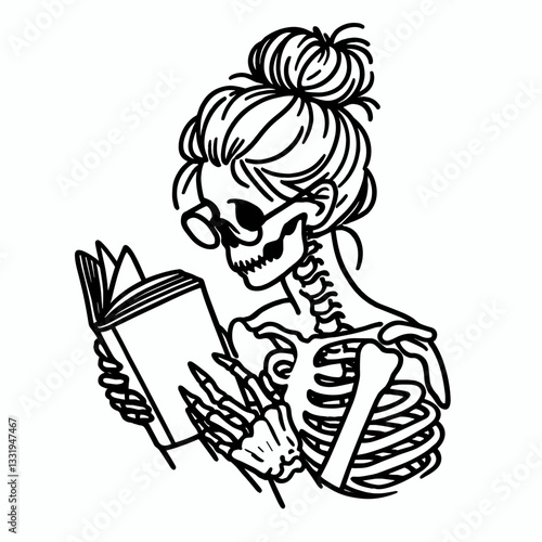 Female Skeleton messy bun reading each others favorite book a minimalist monochrome vector drawing depicts their quiet study session.