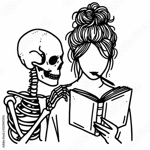 Female Skeleton messy bun reading each others favorite book a minimalist vector outline drawing shows spooky sisterhood