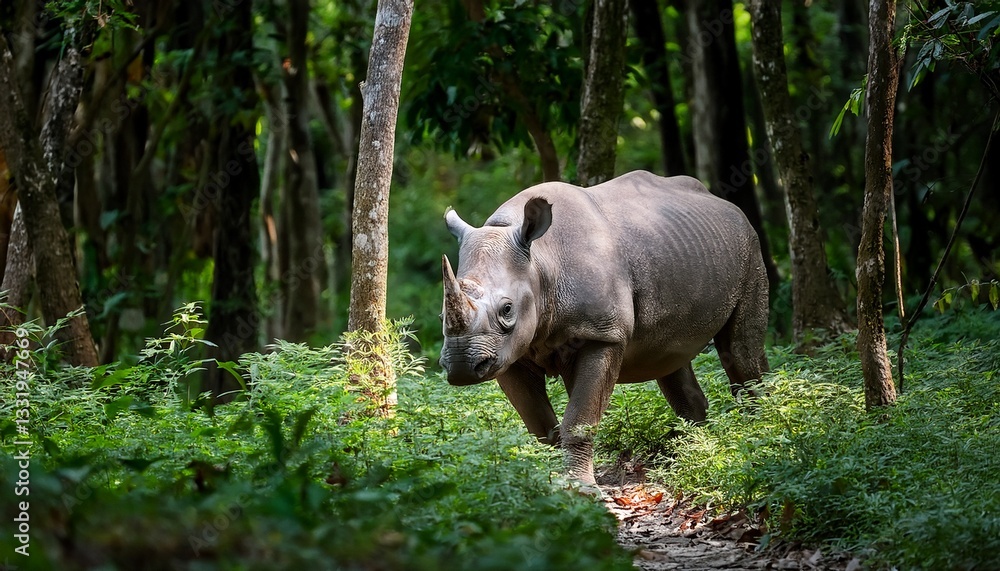 Naklejka premium A rare Javan rhinoceros moves through the thick, dense forest of Southeast Asia’s tropical taiga, its massive body blending with the lush foliage as it navigates the wilderness