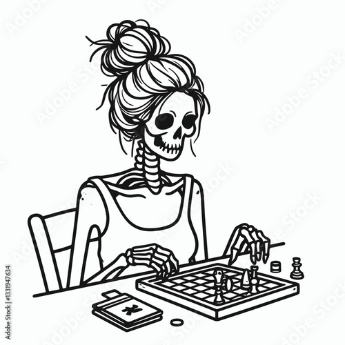 Female Skeleton messy bun playing board games a minimalist vector outline drawing of a skull enjoying a friendly competition.