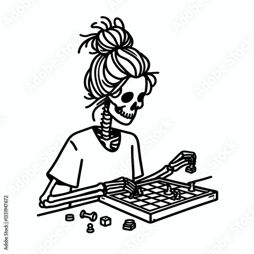 Female Skeleton messy bun playing board games minimalist vector illustration of a spooky game night