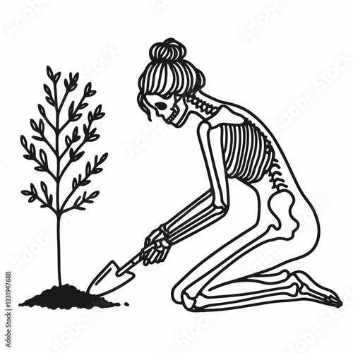 Female Skeleton messy bun planting a tree a simple monochrome vector outline drawing depicts a skeletal gardener tending life.