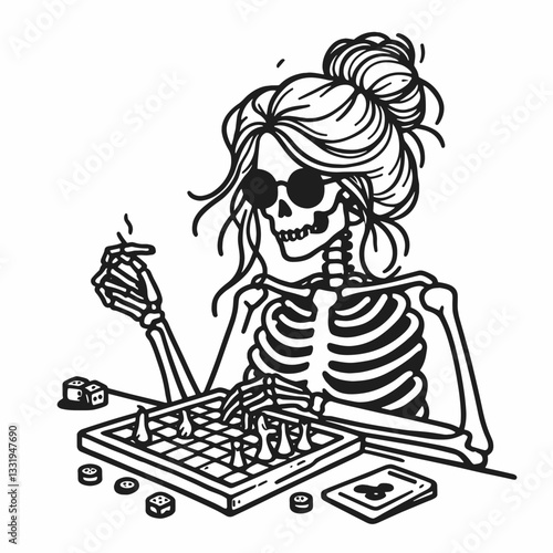 Female Skeleton messy bun playing board games a simple monochrome vector illustration of a skeletal woman enjoying a casual game night