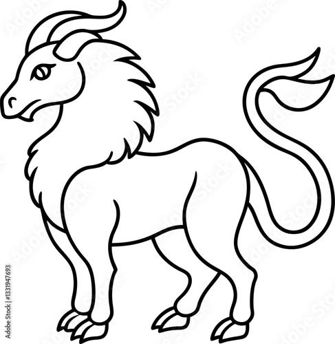 Line art of a fantastical creature with a lion-like body, goat horns, and a serpent-like tail, suitable for storytelling or coloring pages