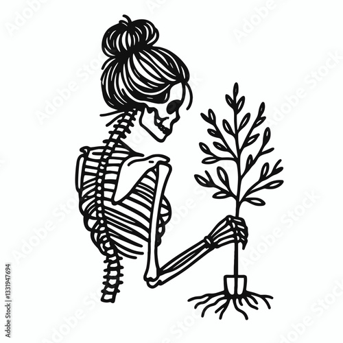 Female Skeleton messy bun planting a tree: a minimalist vector drawing of a bony gardener tending saplings.