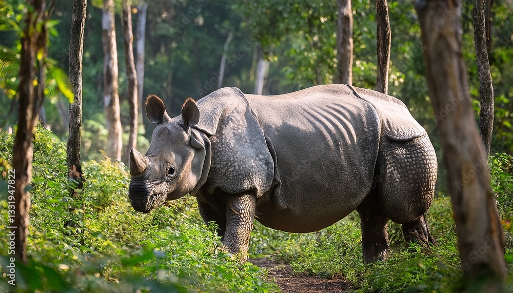 Obraz premium A rare Javan rhinoceros moves through the thick, dense forest of Southeast Asia’s tropical taiga, its massive body blending with the lush foliage as it navigates the wilderness