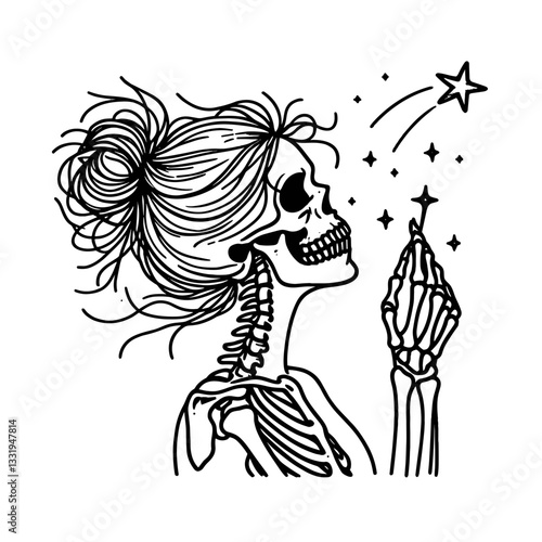 Female Skeleton messy bun making a wish on a shooting star minimalist vector outline drawing hopes for eternal rest.