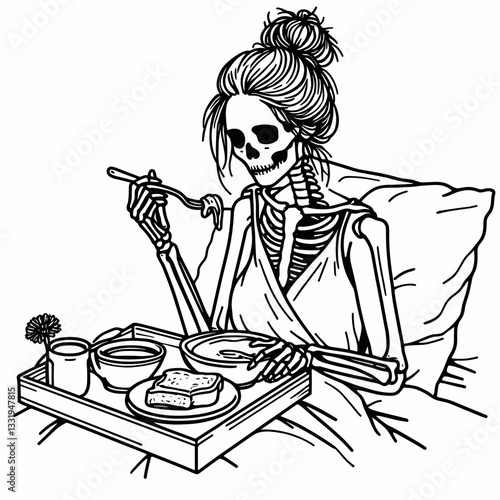 Female Skeleton messy bun making breakfast in bed a simple monochrome vector outline drawing of a spooky morning.