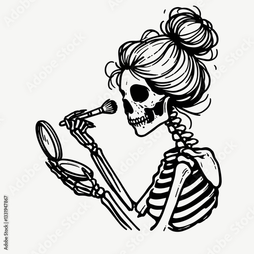 Female Skeleton messy bun making a scrapbook vector graphic of a gothic crafting hobbyist