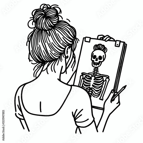 Female Skeleton messy bun making a scrapbook vector illustration a spooky crafting project