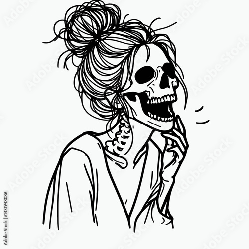 Female Skeleton messy bun laughing together in a minimalist vector outline drawing depicts joyful camaraderie.
