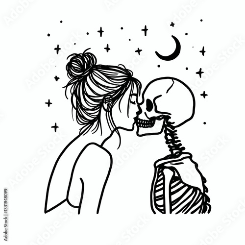 Female Skeleton messy bun kissing under the stars a minimalist monochrome vector drawing of celestial romance