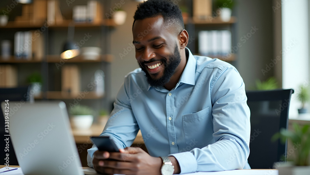 Happy African Businessman Using Smartphone at Work - Flat Vector Art Happy African Businessman Using Smartphone at Work - Flat Vector Art