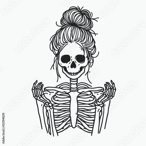 Female Skeleton messy bun holding hands in a minimalist vector outline drawing shows a gothic romantic pose