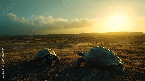 Two large turtles walk slowly across an open landscape during a bright sunset golden hour.