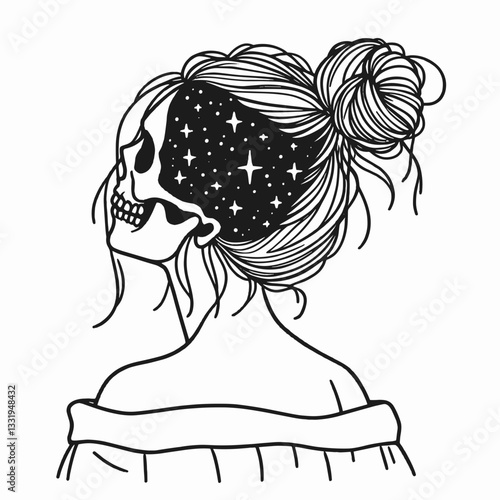Female Skeleton messy bun going stargazing minimalist vector drawing under a vast night sky