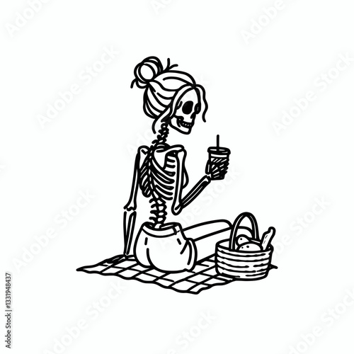 Female Skeleton messy bun going on a picnic a simple monochrome vector drawing of a deathly delightful outdoor meal.