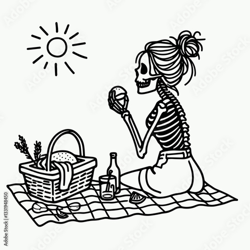 Female Skeleton messy bun going on a picnic a minimalist vector outline drawing of a fun spooky day.
