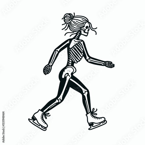 Female Skeleton messy bun going ice skating a minimalist vector outline drawing shows a spooky winter sport