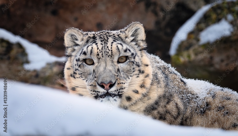 Obraz premium A rare snow leopard with thick white fur and dark rosettes crouches in the rocky terrain of the Himalayas, blending into the environment with keen eyes watching for its prey