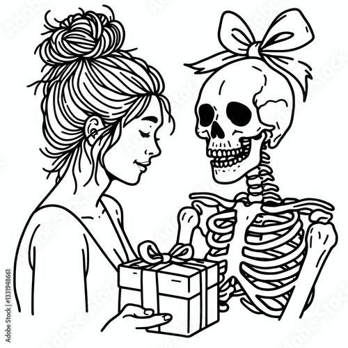 Female Skeleton messy bun exchanging gifts a simple monochrome vector graphic depicting a spooky holiday celebration