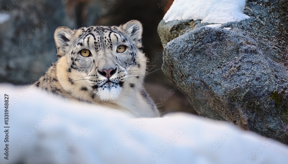 Obraz premium A rare snow leopard with thick white fur and dark rosettes crouches in the rocky terrain of the Himalayas, blending into the environment with keen eyes watching for its prey