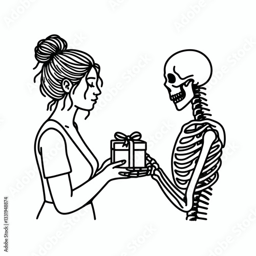 Female Skeleton messy bun exchanging gifts a simple monochrome vector outline drawing of a spooky holiday celebration