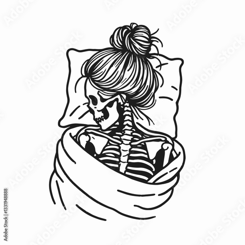 Female Skeleton messy bun cuddling under a blanket a monochrome minimalist vector drawing of cozy bone-chill comfort.