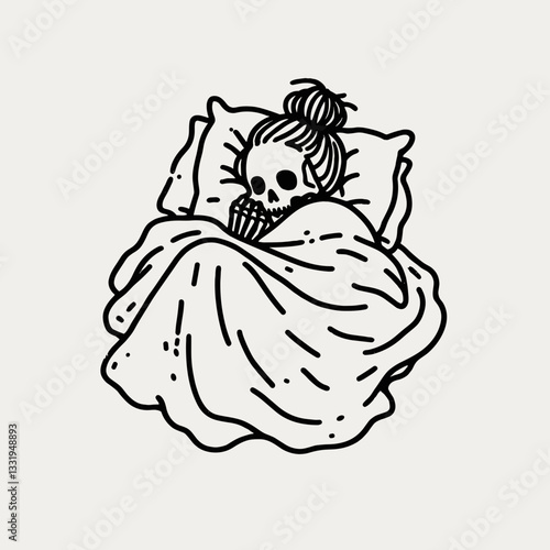 Female Skeleton messy bun cuddling under a blanket a minimalist vector outline drawing shows cozy skeletal comfort