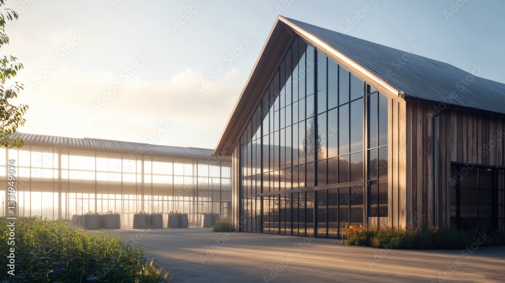 Obraz premium A modern building with large glass windows and wood siding