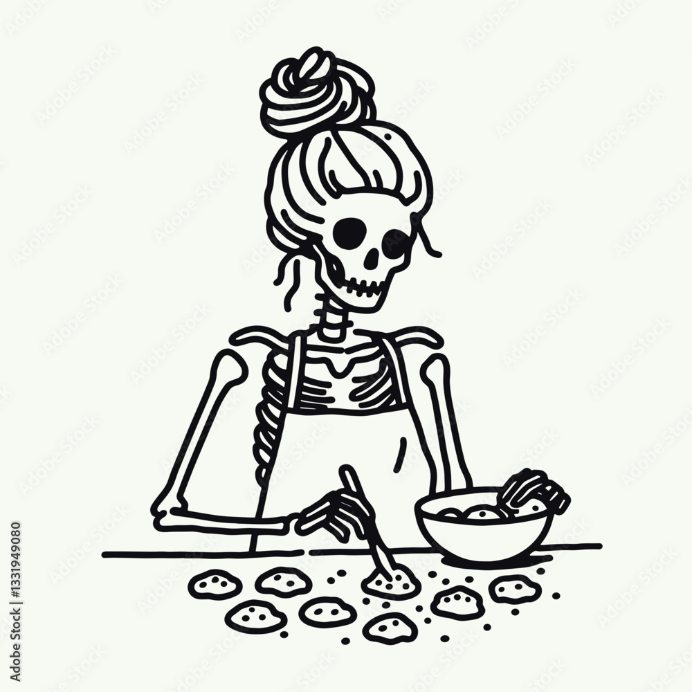 Female Skeleton messy bun baking cookies: a minimalist vector drawing of a spooky baker. Female Skeleton messy bun baking cookies: a minimalist vector drawing of a spooky baker.