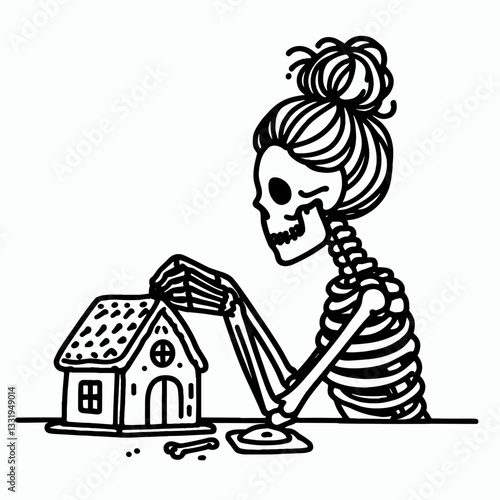 Female Skeleton messy bun building a gingerbread house a simple monochrome vector outline drawing