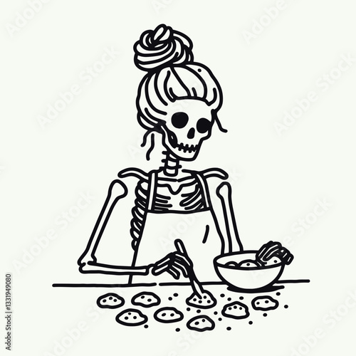 Female Skeleton messy bun baking cookies: a minimalist vector drawing of a spooky baker.