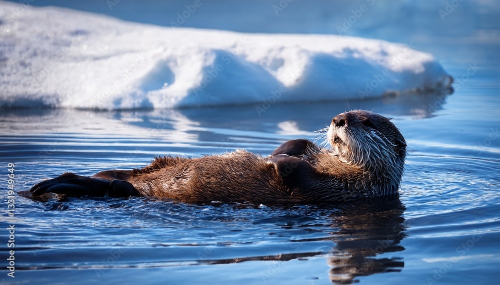 Fototapeta premium A sea otter floats lazily on its back in the icy waters of the taiga, its thick fur keeping it warm as it drifts peacefully, surrounded by snow-covered shores and misty water