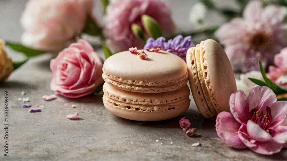 pink macaroons decorated with flowers on a light background pink macaroons decorated with flowers on a light background