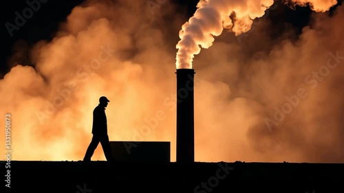 Silhouette of Person Walking Near Industrial Chimney Emitting Smoke Against Fiery Sky, Highlighting Environmental Concerns and Industrial Impact with Dramatic Atmosphere