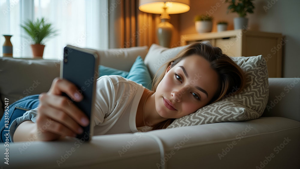 Young Woman Relaxing on Sofa with Smartphone: Capturing Modern Lifestyle and Digital Engagement Young Woman Relaxing on Sofa with Smartphone: Capturing Modern Lifestyle and Digital Engagement