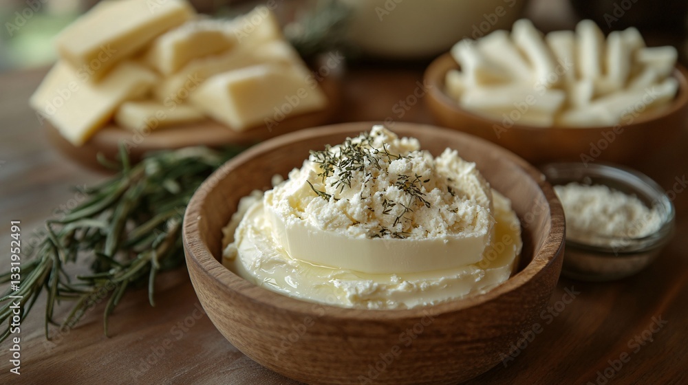 Delicious cheeses with herbs and rosemary placed on a wooden surface