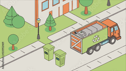 Clean city vector illustration in flat design with a garbage truck waste disposal and various sorting management concepts for municipal waste recycling