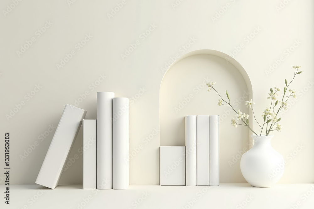 Minimalist still life with vases, books, and decorative objects, serene white on white composition for modern elegance Minimalist still life with vases, books, and decorative objects, serene white on white composition for modern elegance