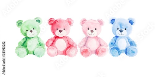 Four colorful teddy bears sitting and waiting for a hug