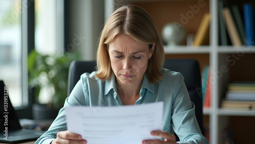 Worried Businesswoman Reviewing Bad News at Office Desk