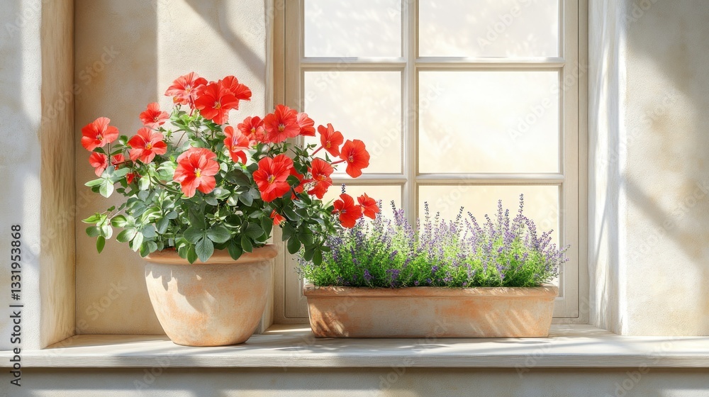 Red flowers and lavender by a window Red flowers and lavender by a window