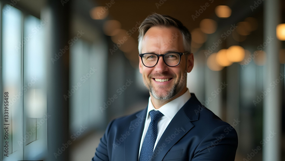 Fototapeta premium Confident Mature Businessman in Stylish Office: Headshot of a Successful CEO and Executive Manager Wearing Glasses - Elegant Corporate Leader Portrait with Space for Text